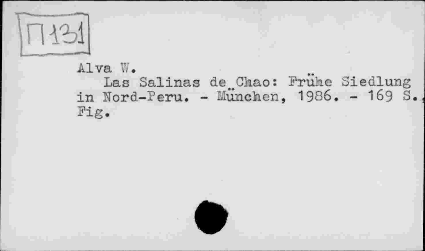 ﻿Alva W.
Las Salinas de^Ckao: Frühe Siedlung in Nord-Peru. - München, 1986. - 169 S. Fig.